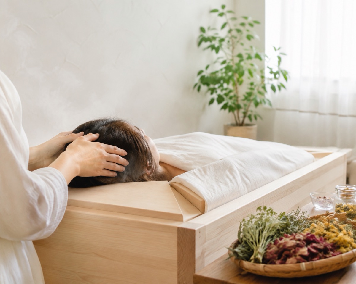 蒸気を受けている間に頭まわりの手技を重ねている場面（生成の仮素材）