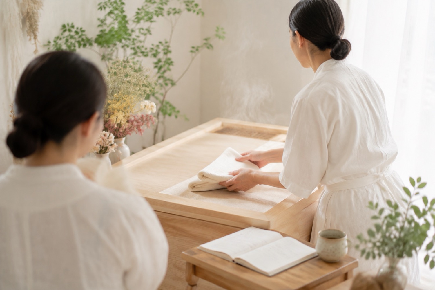 講習の場面。手技を実演で教えているところ(生成の仮素材)